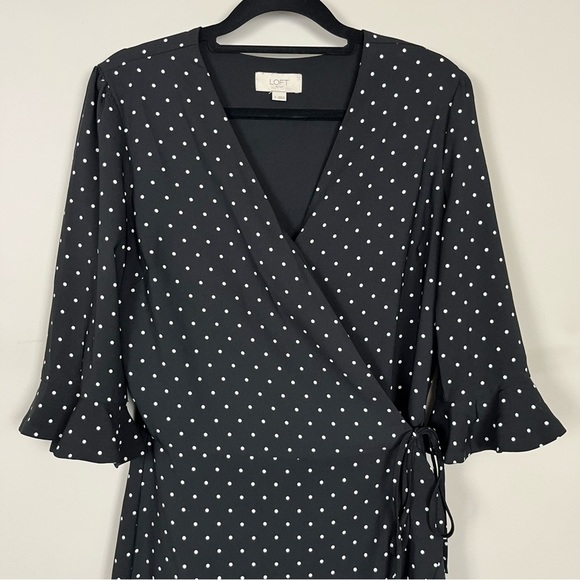 LOFT WRAP POLKA DOT MINI DRESS ROMPER WITH SLEEVES BLACK AND WHITE SIZE 2 - Picture 4 of 16